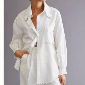 Anthropologie Hannah Lynn White Button-Up Blouse with Pearl Accents